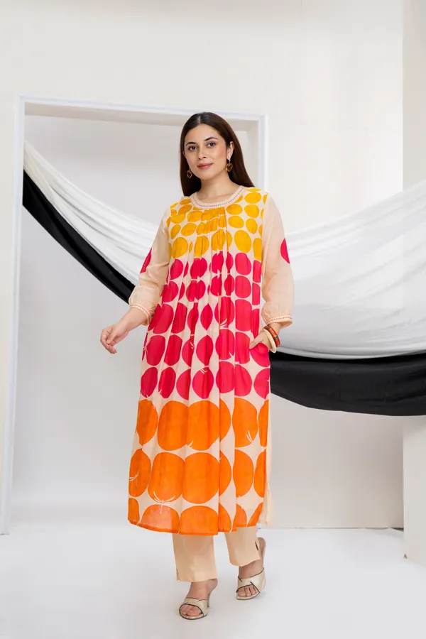 Beige_Cotton_A-Line_Polka_Dot_Print_Kurta_Pant_Set_For_Women