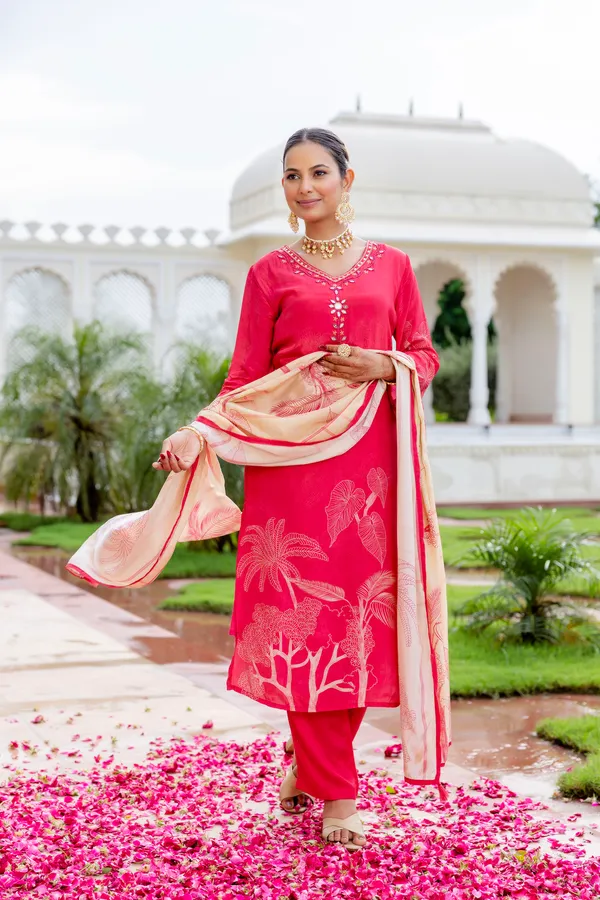Pink_Cotton_Straight_Palm_Print_Kurta_Dupatta_Set_For_Women