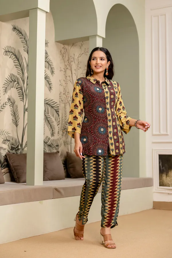 Yellow_Maroon_Cotton_Printed_Collared_Co-Ord_Set_For_Women