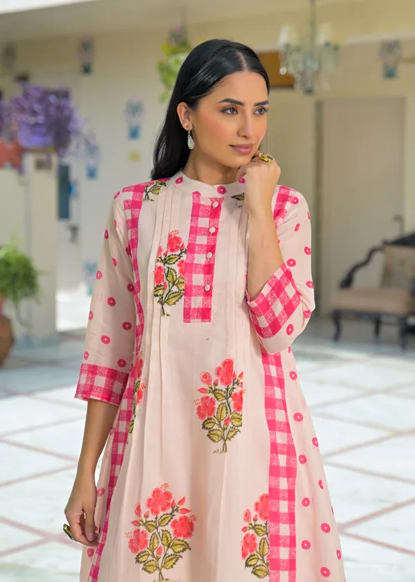 Peach_Cotton_A-Line_Floral_Checkered_Kurta_Set_For_Women