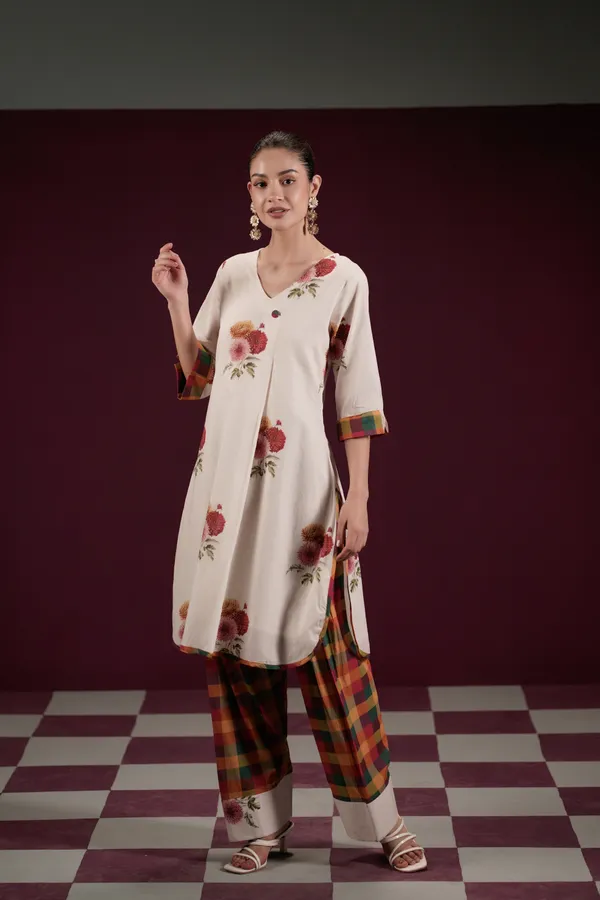 Off_White_Cotton_Floral_Print_A-Line_Kurta_Pant_Set_For_Women