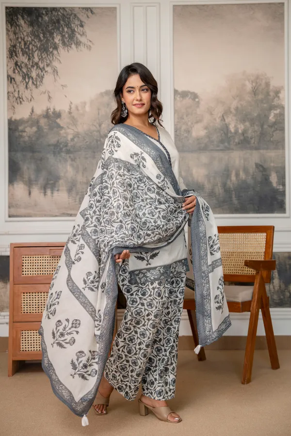 White_Cotton_Floral_Print_Kurta_Palazzo_Set_For_Women