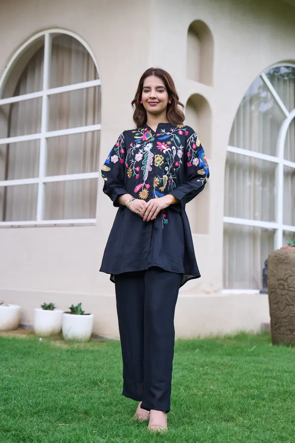 Black_Cotton_Floral_Embroidered_High-Low_Kurta_Set_For_Women