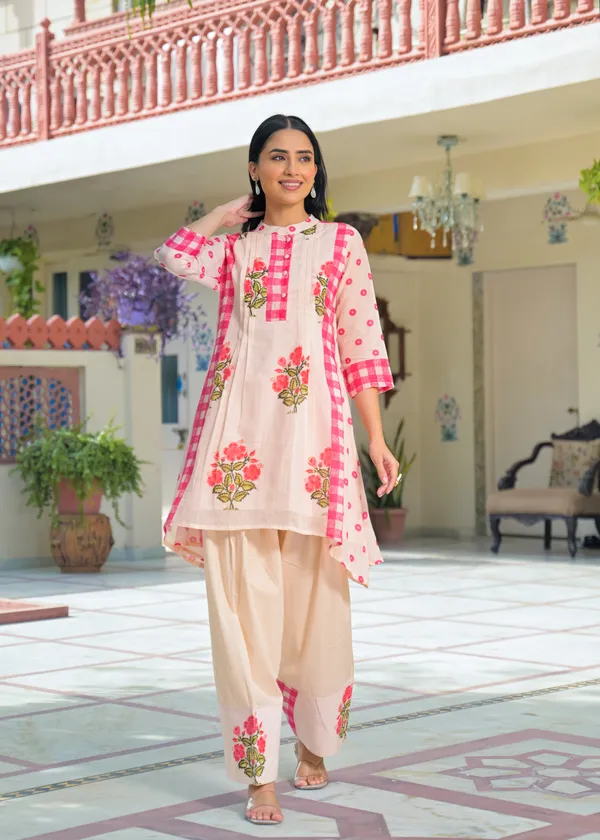 Peach_Cotton_A-Line_Floral_Checkered_Kurta_Set_For_Women