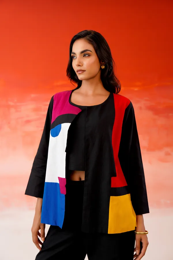 Black_Cotton_Colour_Block_Kimono_Jacket_Co-Ord_Set_For_Women