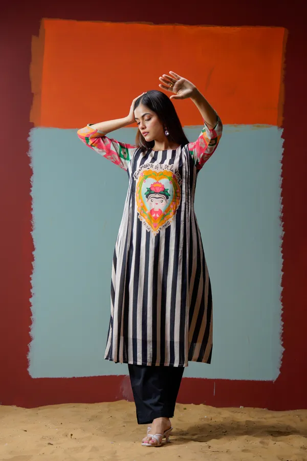 Black_White_Cotton_Striped_Flared_Kurta_For_Women
