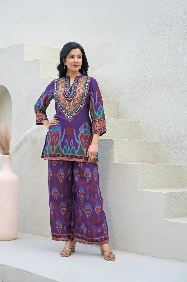 Purple_Cotton_Ikat_Print_Embroidered_Kurta_Palazzo_Set_For_Women