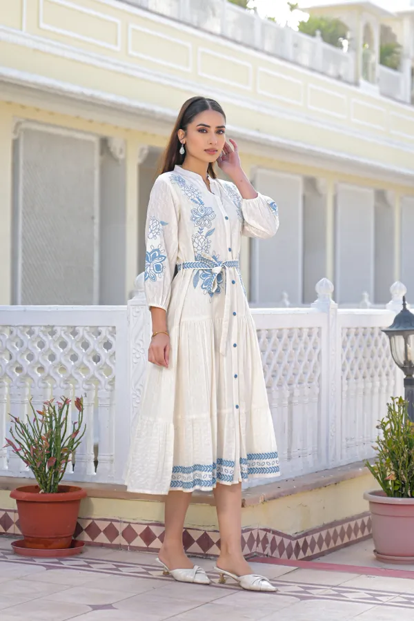 White_Cotton_Floral_Embroidered_Tiered_Midi_Dress_For_Women