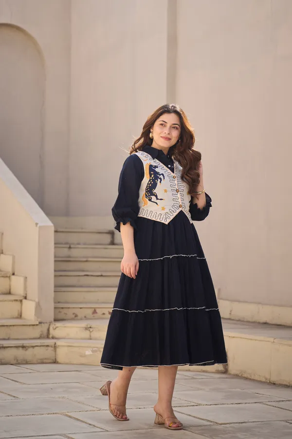 Navy_Cotton_Tiered_Dress_With_Embroidered_Jacket_Set_For_Women