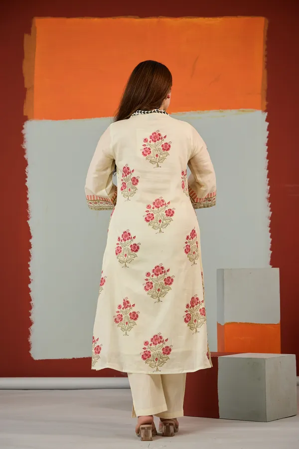 Cream_Cotton_Floral_Print_A-Line_Kurta_Pant_Set_For_Women