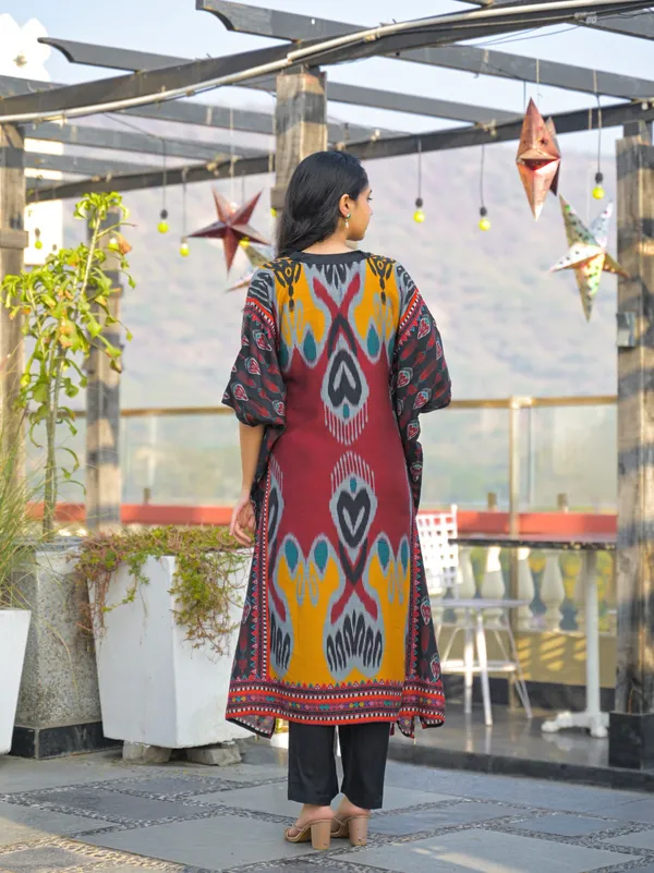 Maroon_Cotton_Ikat_Print_Relaxed_Kaftan_Kurta_For_Women