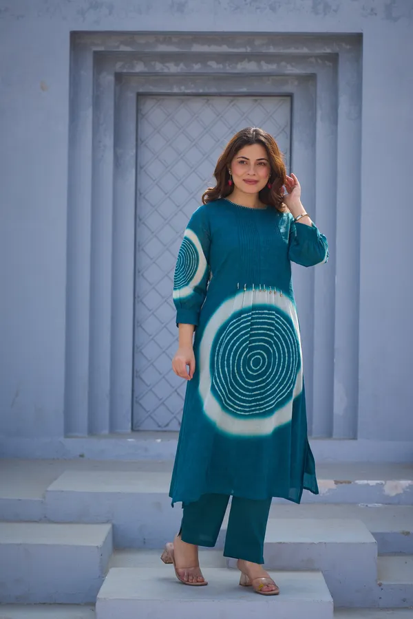 Teal_Cotton_Straight_Shibori_Print_Kurta_Pant_Set_For_Women