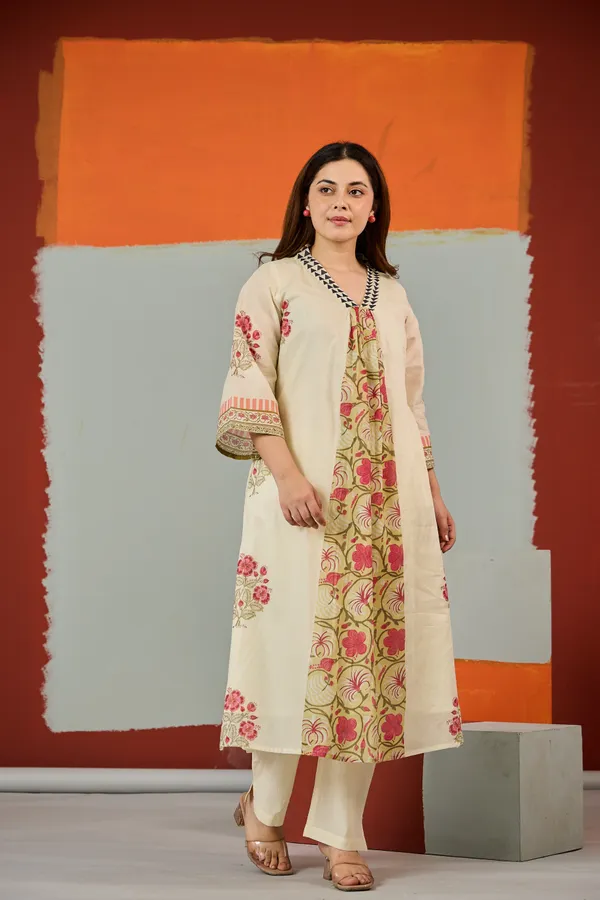 Cream_Cotton_Floral_Print_A-Line_Kurta_Pant_Set_For_Women