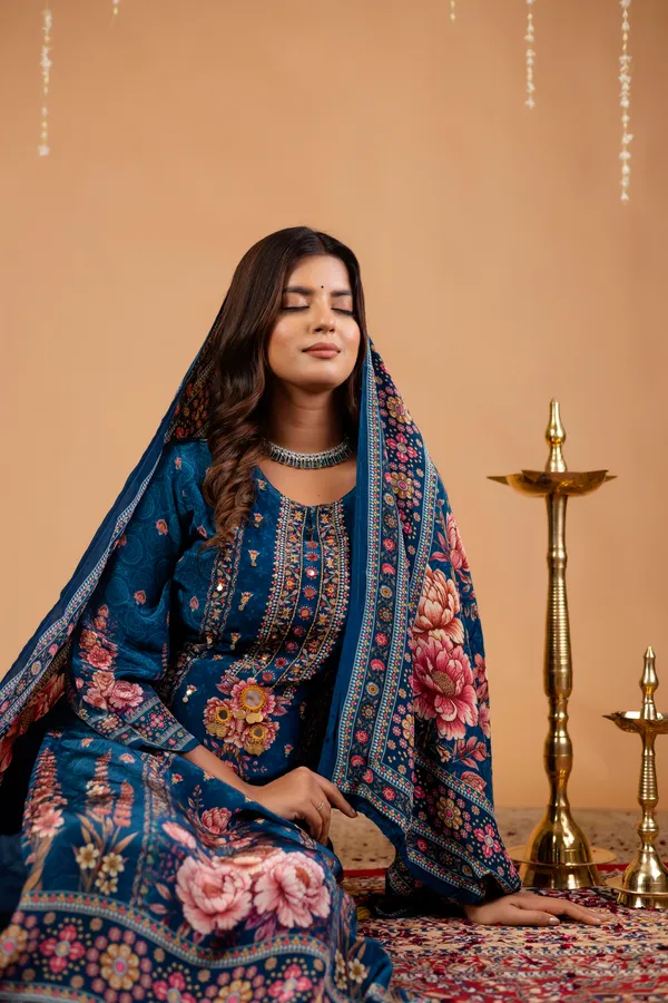 Teal_Cotton_Printed_Mirror_Work_Straight_Kurta_Set_For_Women