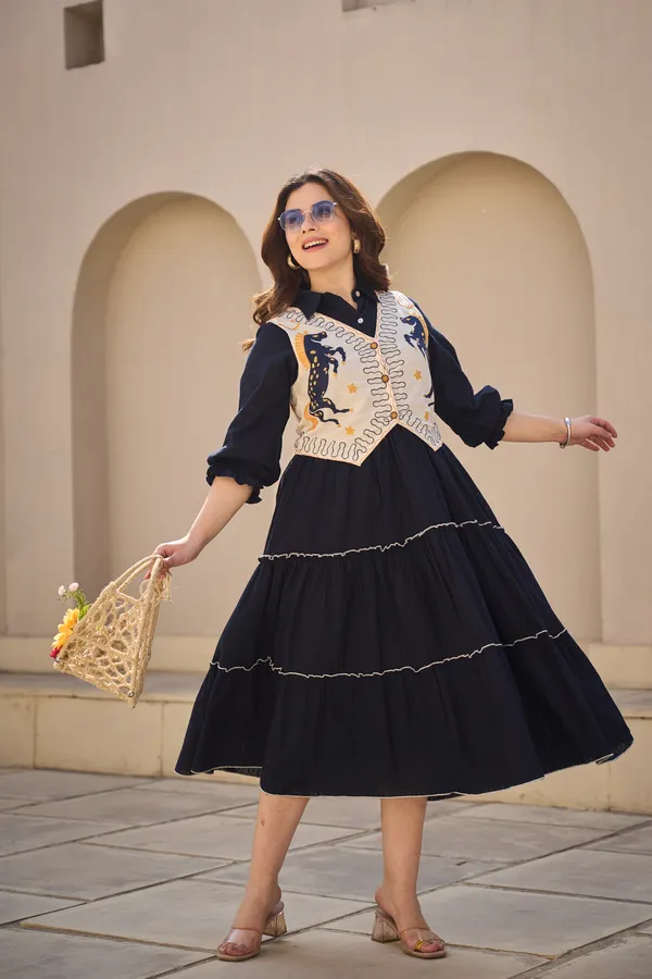 Navy_Cotton_Tiered_Dress_With_Embroidered_Jacket_Set_For_Women