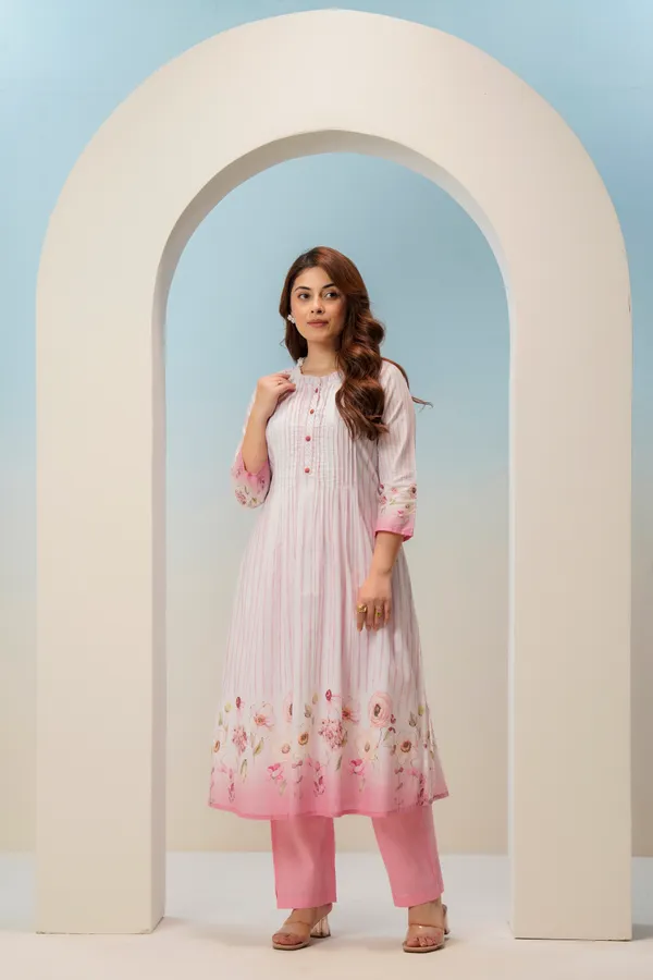 White_Pink_Cotton_A-Line_Striped_Floral_Pintuck_Kurta_For_Women