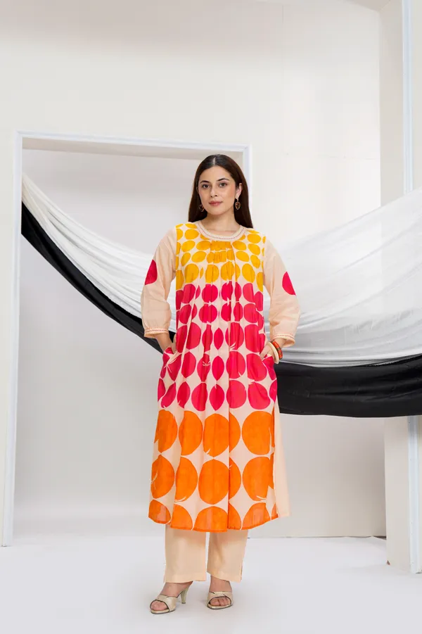 Beige_Cotton_A-Line_Polka_Dot_Print_Kurta_Pant_Set_For_Women