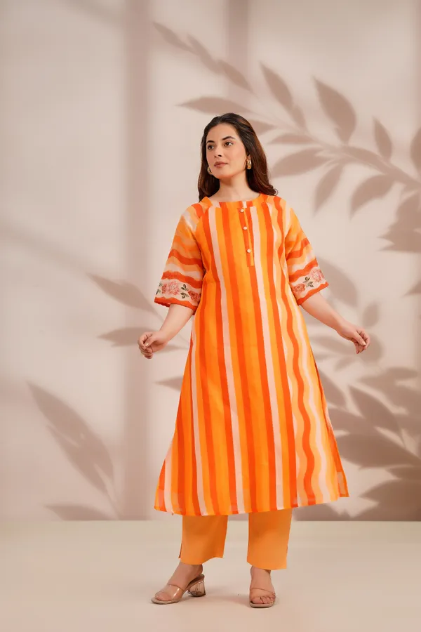 Orange_Cotton_Straight_Striped_Kurta_Pant_Set_For_Women