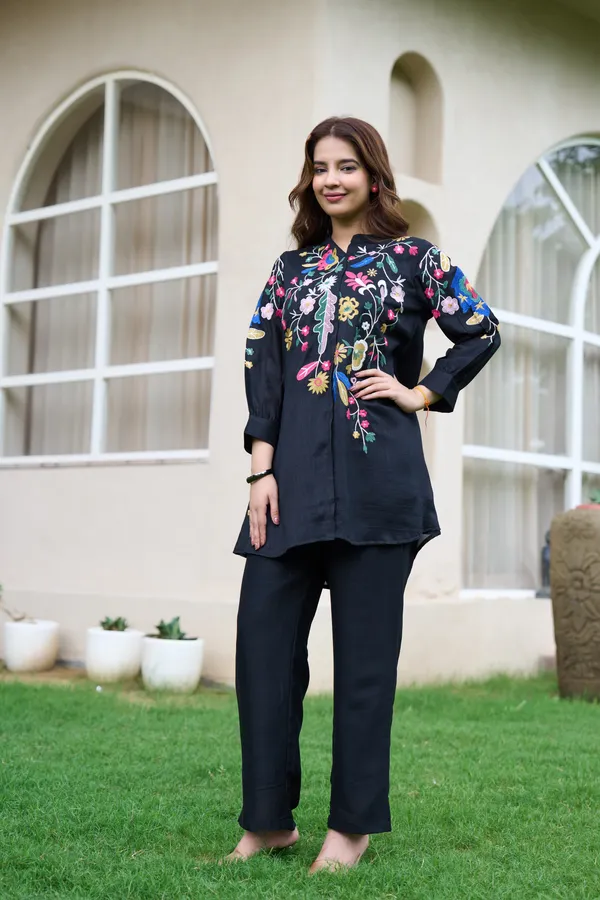 Black_Cotton_Floral_Embroidered_High-Low_Kurta_Set_For_Women