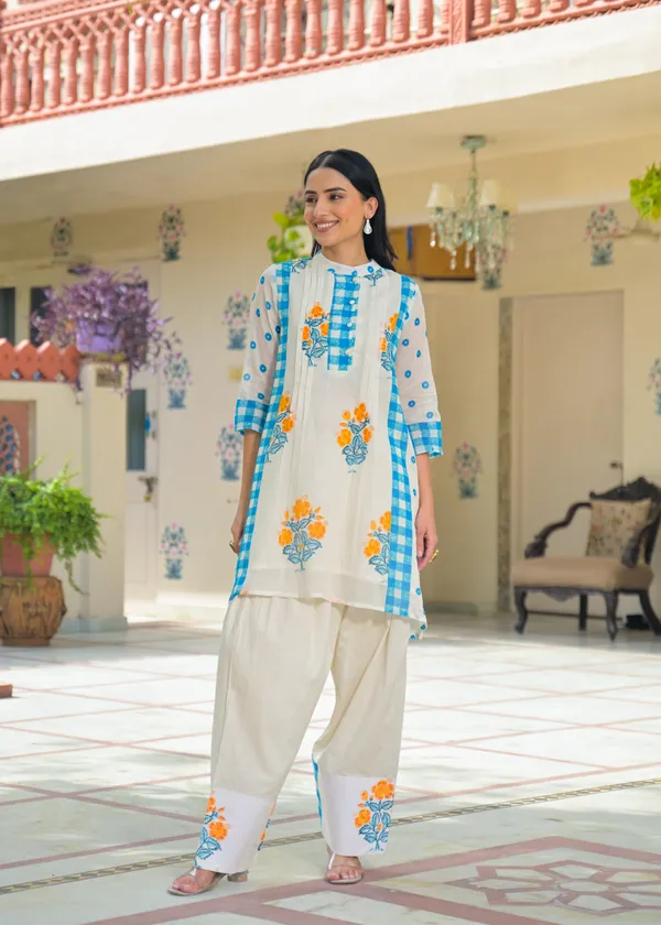 White_Blue_Cotton_A-Line_Floral_Check_Print_Kurta_Palazzo_Set_For_Women