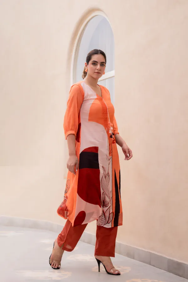 Orange_Cotton_Printed_A-Line_Kurta_Pant_Set_For_Women