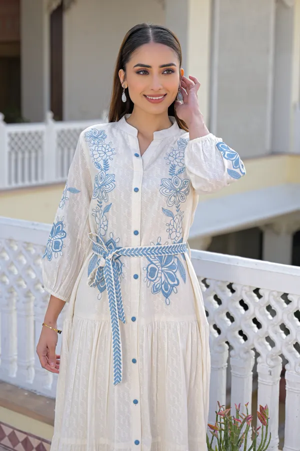 White_Cotton_Floral_Embroidered_Tiered_Midi_Dress_For_Women