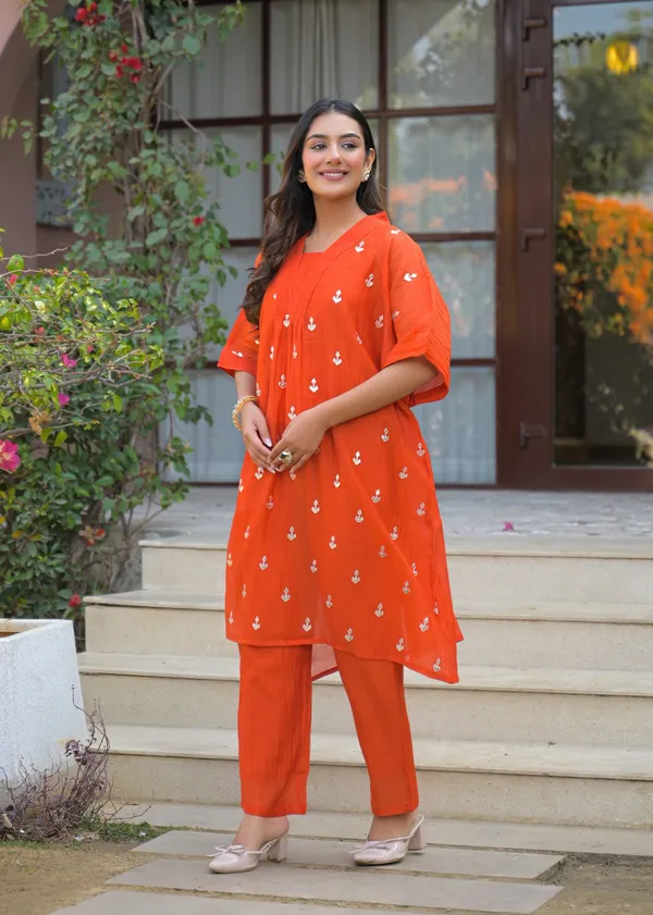 Orange_Cotton_Embroidered_Straight_Kurta_Pant_Set_For_Women