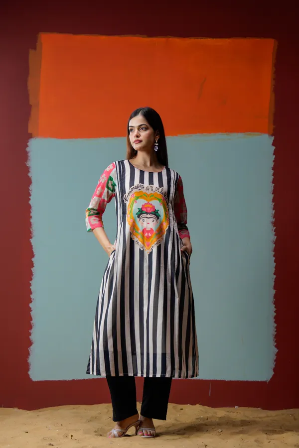 Black_White_Cotton_Striped_Flared_Kurta_For_Women