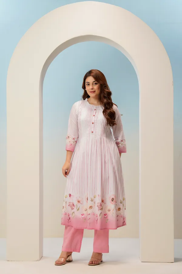 White_Pink_Cotton_A-Line_Striped_Floral_Pintuck_Kurta_For_Women