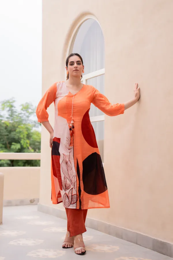 Orange_Cotton_Printed_A-Line_Kurta_Pant_Set_For_Women