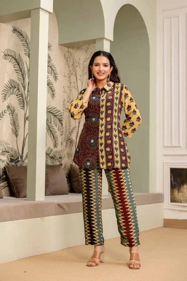 Yellow_Maroon_Cotton_Printed_Collared_Co-Ord_Set_For_Women