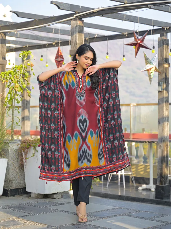 Maroon_Cotton_Ikat_Print_Relaxed_Kaftan_Kurta_For_Women