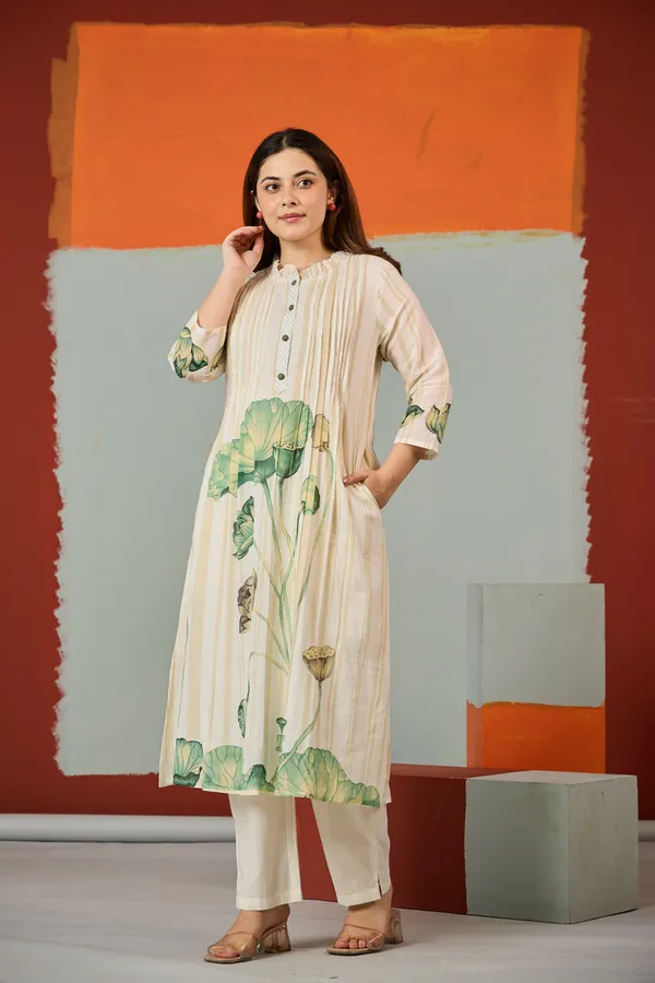Cream_Cotton_A-Line_Lotus_Print_Kurta_For_Women