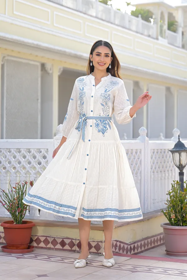 White_Cotton_Floral_Embroidered_Tiered_Midi_Dress_For_Women