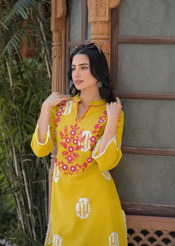 Yellow_Cotton_Straight_Embroidered_Kurta_Palazzo_Set_For_Women