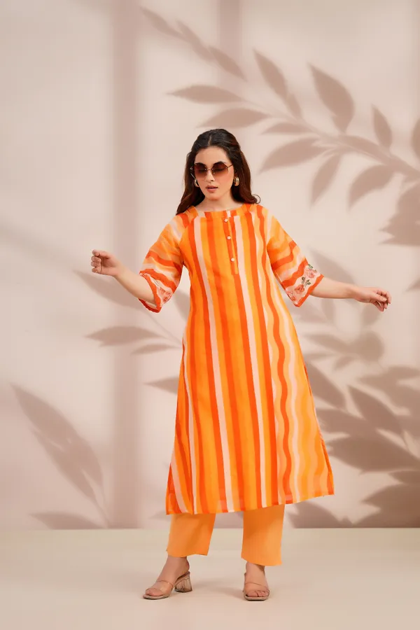 Orange_Cotton_Straight_Striped_Kurta_Pant_Set_For_Women