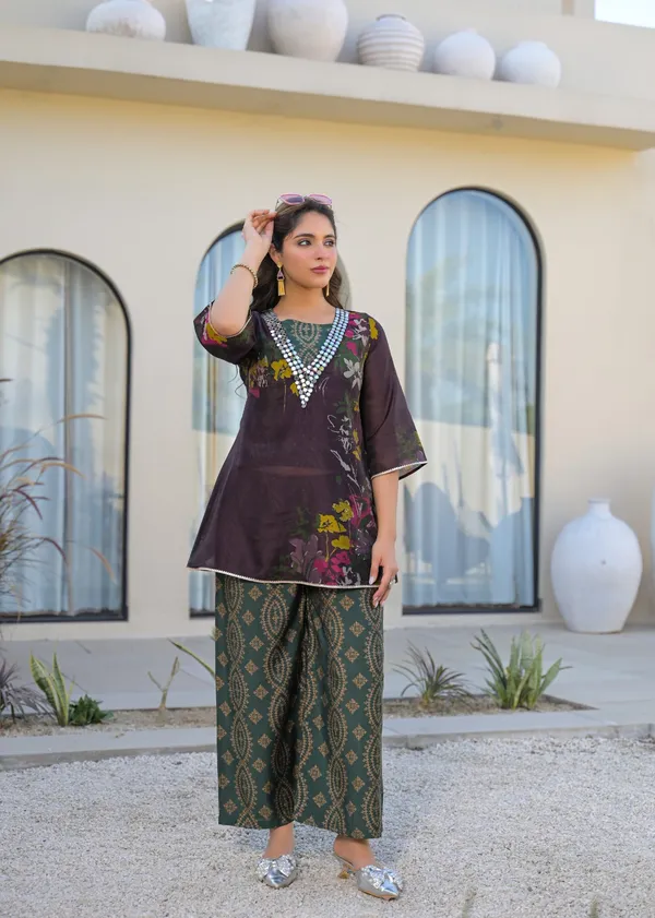 Brown_Green_Crepe_Floral_Print_Embroidered_Kurti_Palazzo_Set_For_Women
