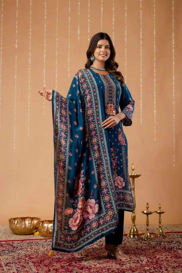 Teal_Cotton_Printed_Mirror_Work_Straight_Kurta_Set_For_Women