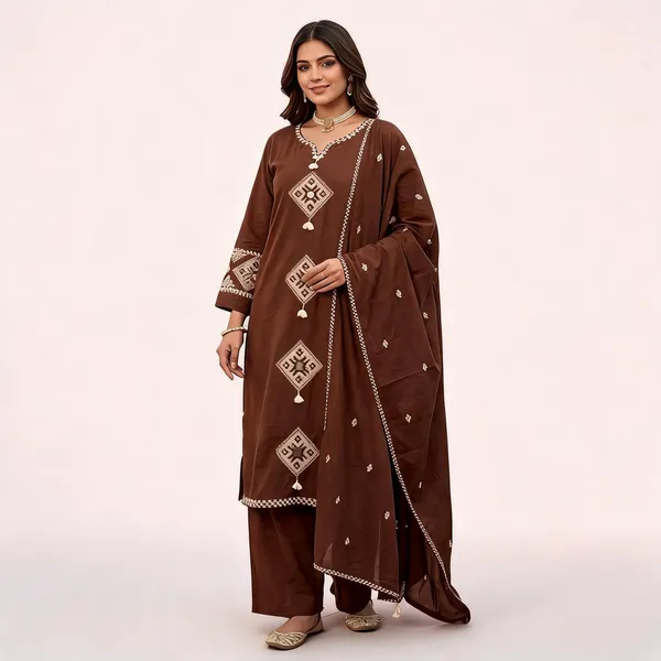 Brown_Cotton_Embroidered_Straight_Kurta_Set_For_Women