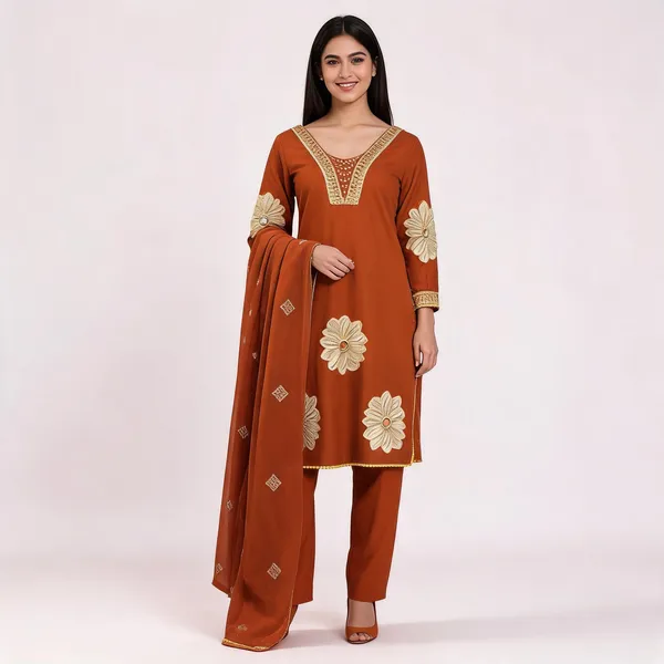 Rust_Cotton_Embroidered_Straight_Kurta_Pant_Dupatta_Set_For_Women