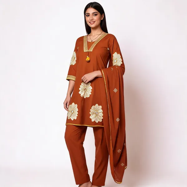 Rust_Cotton_Embroidered_Straight_Kurta_Pant_Dupatta_Set_For_Women