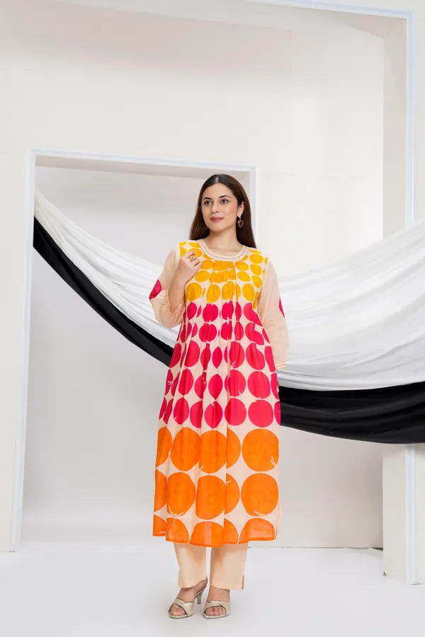 Beige_Cotton_A-Line_Polka_Dot_Print_Kurta_Pant_Set_For_Women