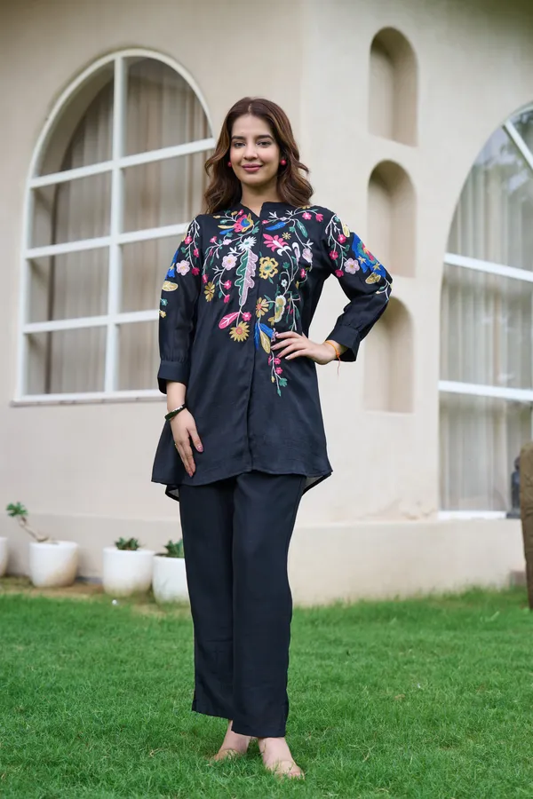 Black_Cotton_Floral_Embroidered_High-Low_Kurta_Set_For_Women