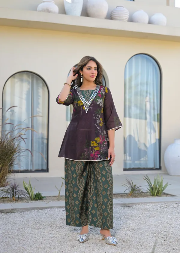 Brown_Green_Crepe_Floral_Print_Embroidered_Kurti_Palazzo_Set_For_Women