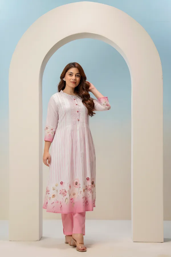 White_Pink_Cotton_A-Line_Striped_Floral_Pintuck_Kurta_For_Women