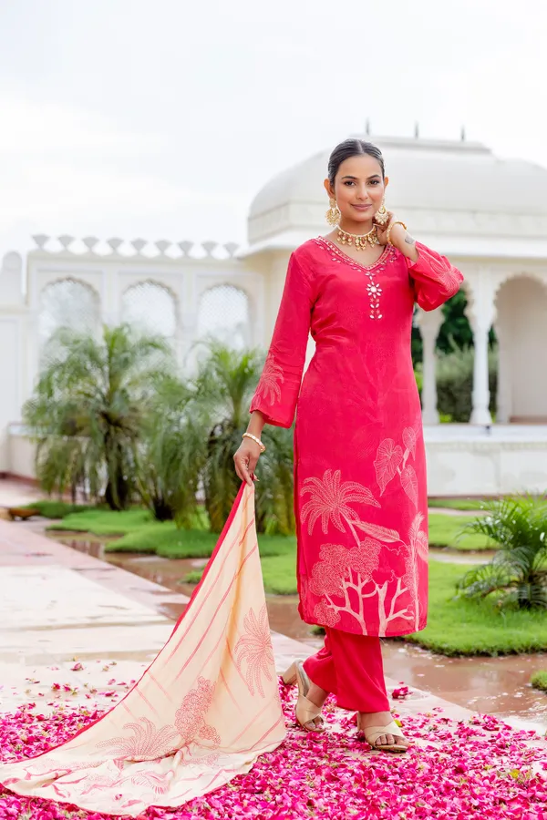 Pink_Cotton_Straight_Palm_Print_Kurta_Dupatta_Set_For_Women