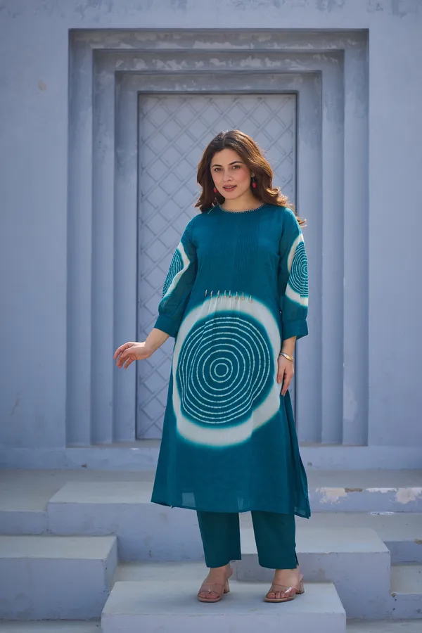 Teal_Cotton_Straight_Shibori_Print_Kurta_Pant_Set_For_Women