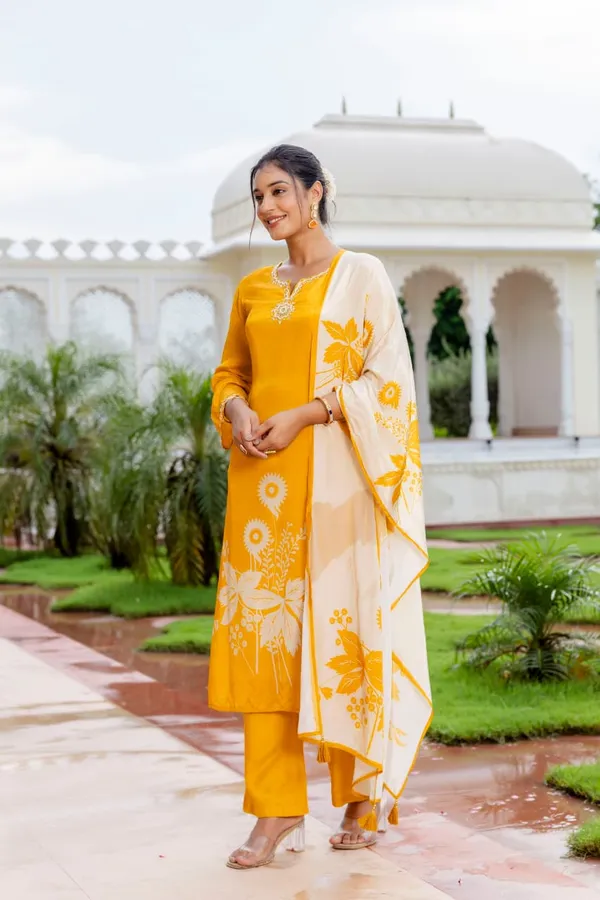 Yellow_Crepe_Three_Piece_Suit_Set_For_Women