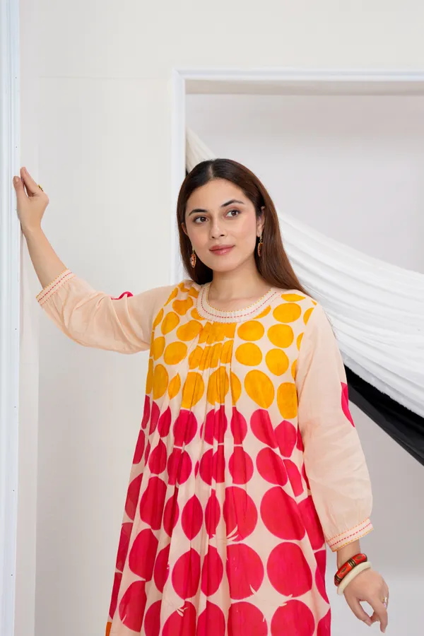 Beige_Cotton_A-Line_Polka_Dot_Print_Kurta_Pant_Set_For_Women