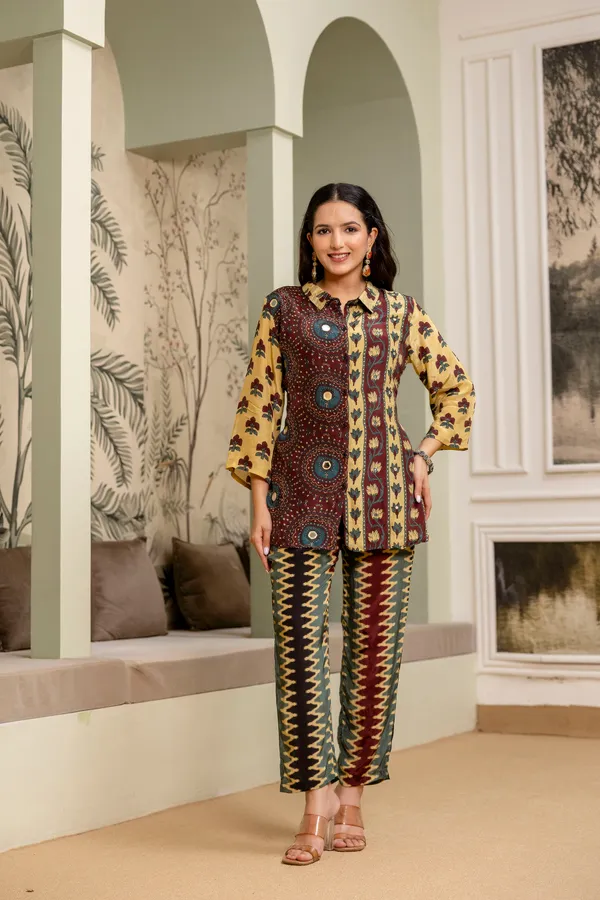 Yellow_Maroon_Cotton_Printed_Collared_Co-Ord_Set_For_Women